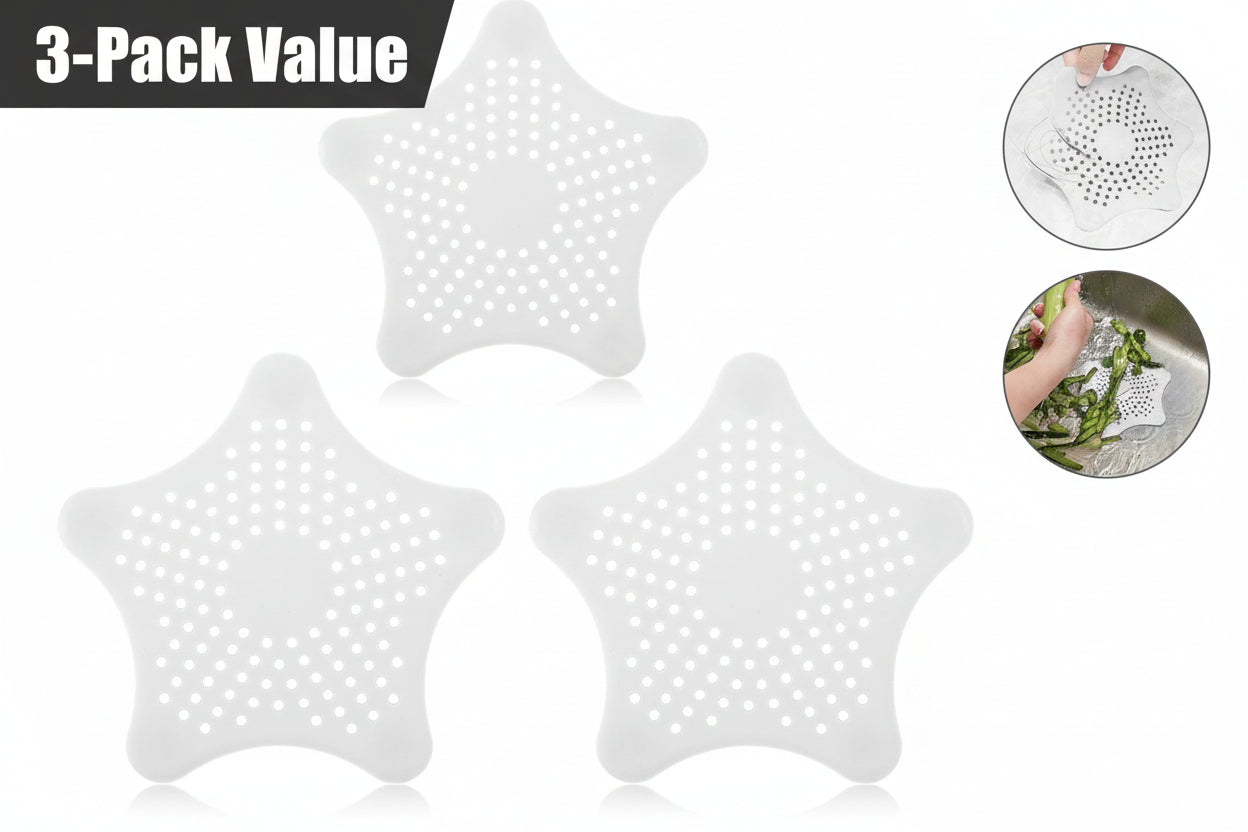Three star-shaped silicone strainers with perforations on a white background, labeled '3PCS'.