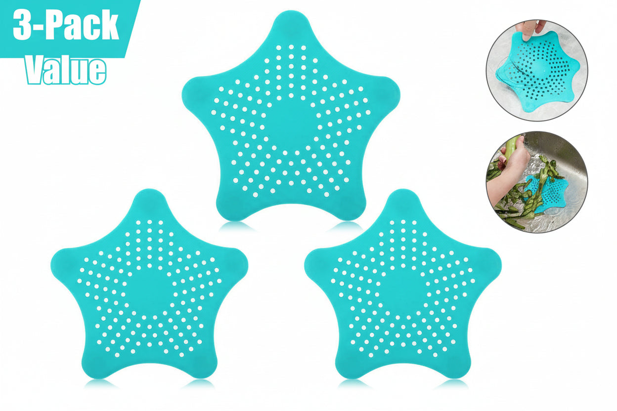 Three turquoise star-shaped silicone strainers on a white background with '3PCS' text.