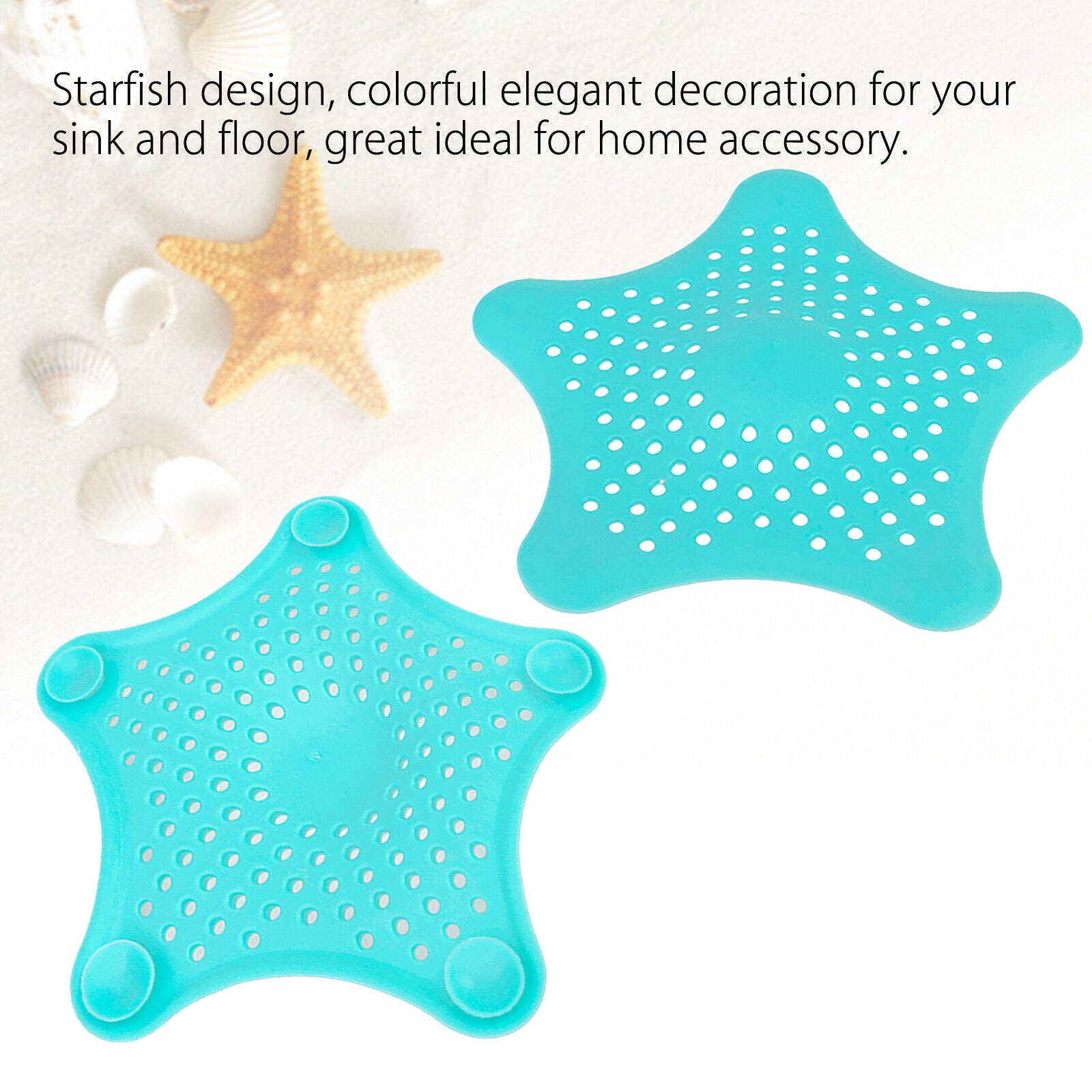 Two turquoise star-shaped strainers with a starfish on a white background, text describing their use.