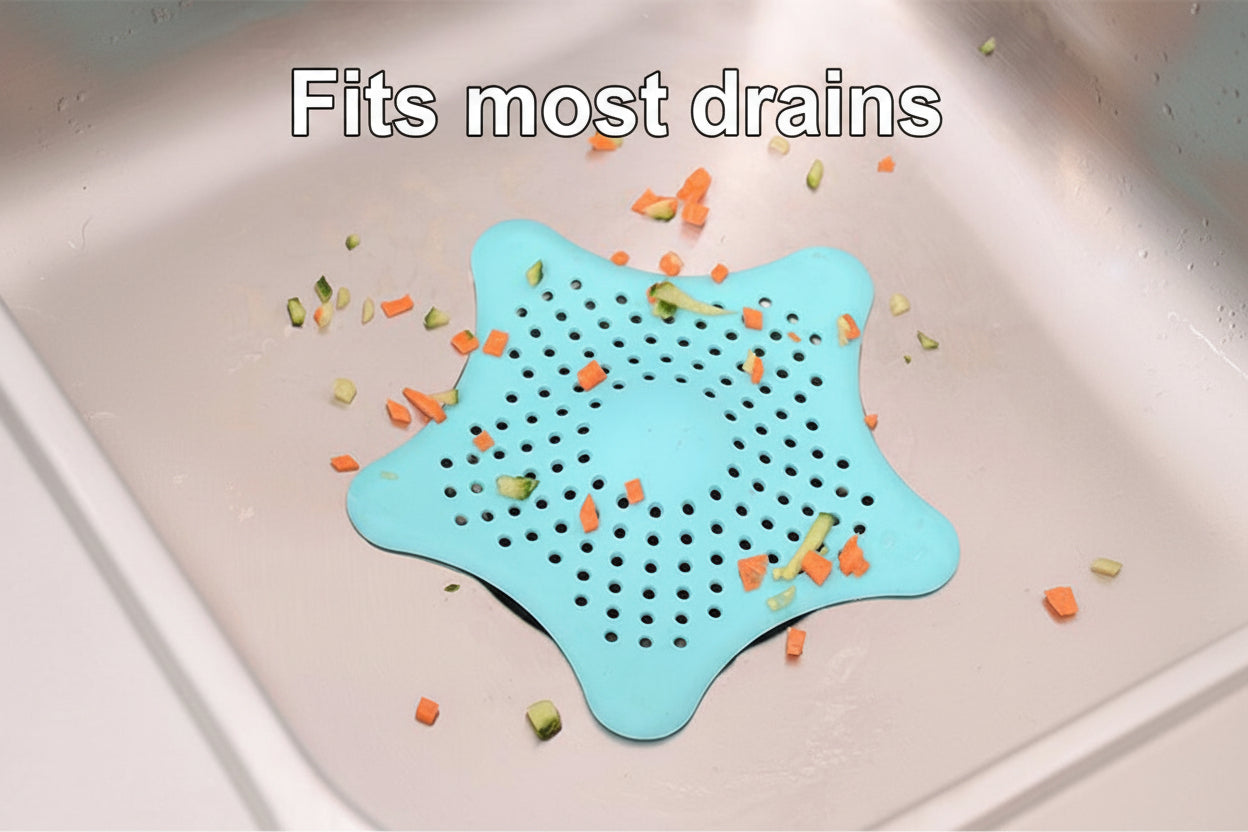 Blue silicone strainer on a frying pan with food remnants
