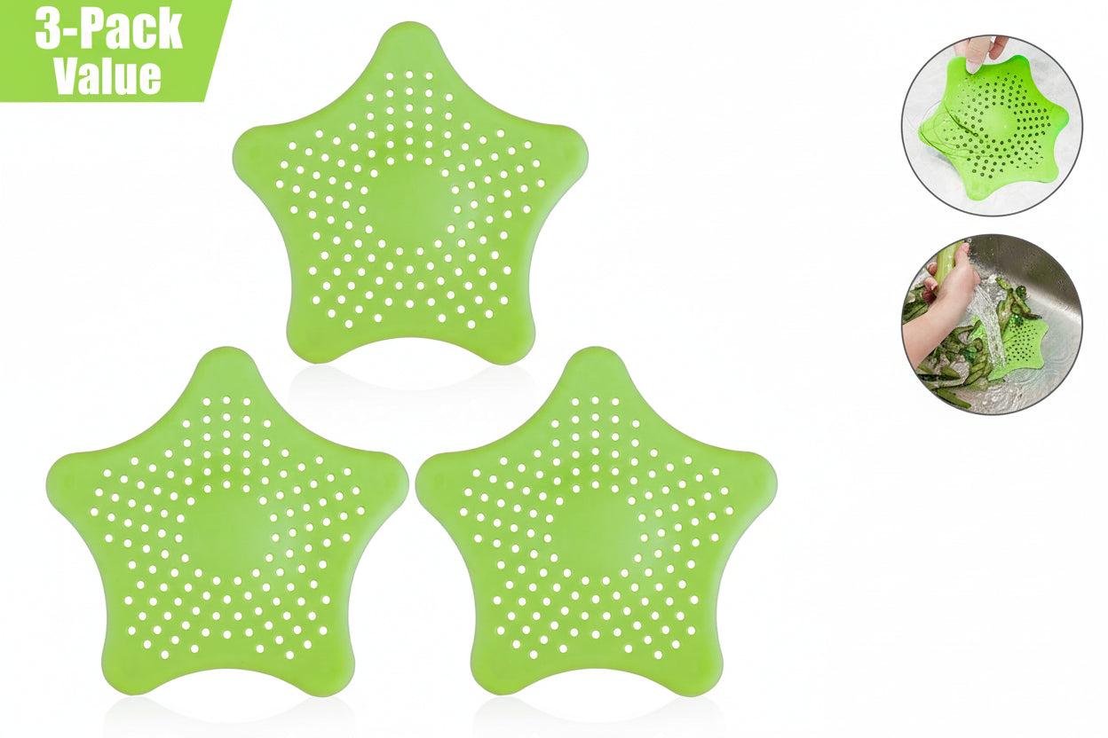 Three green star-shaped silicone strainers on a white background with inset images showing their use.