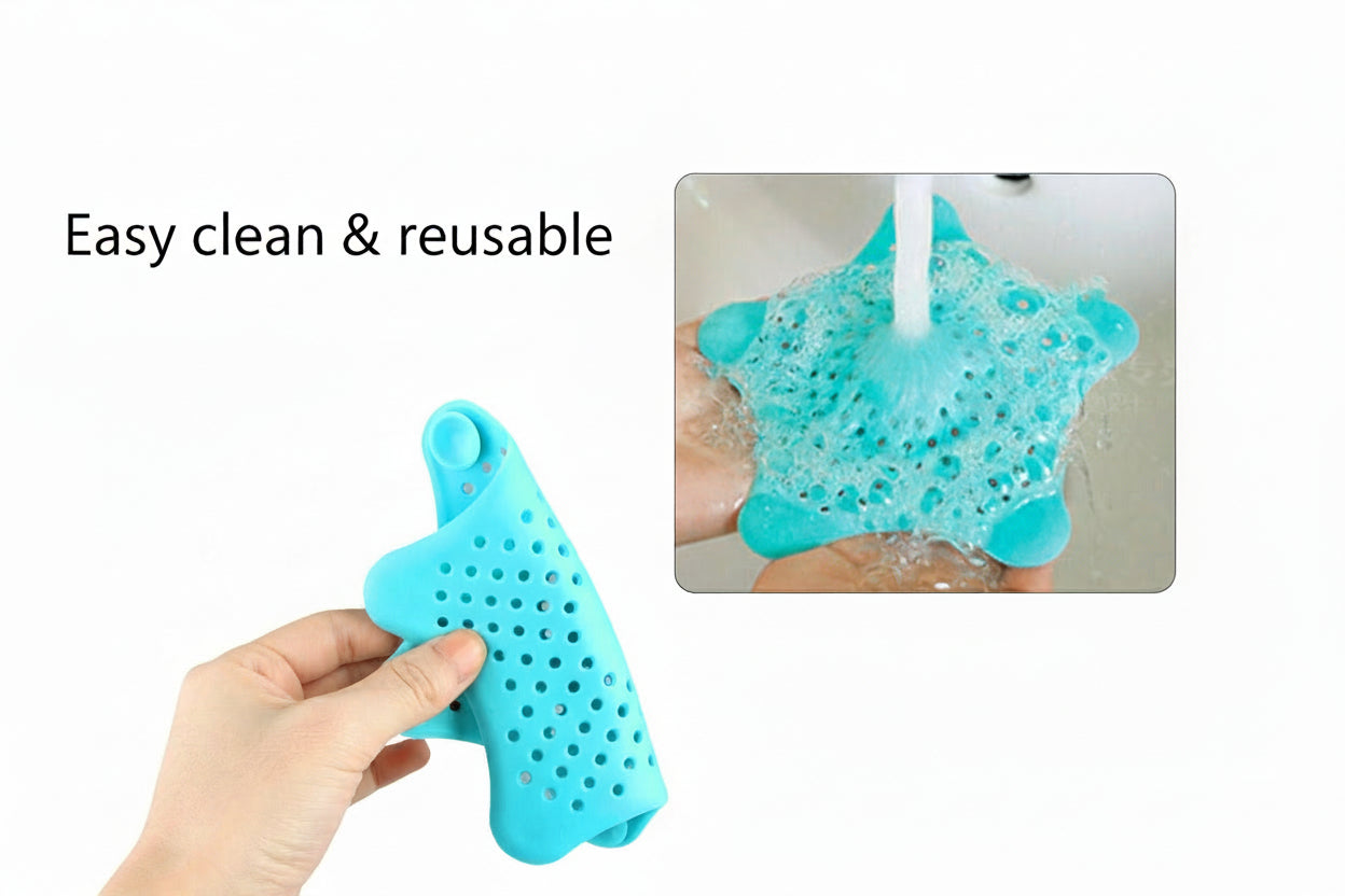 Blue silicone kitchen scrubber being held and washed under running water.